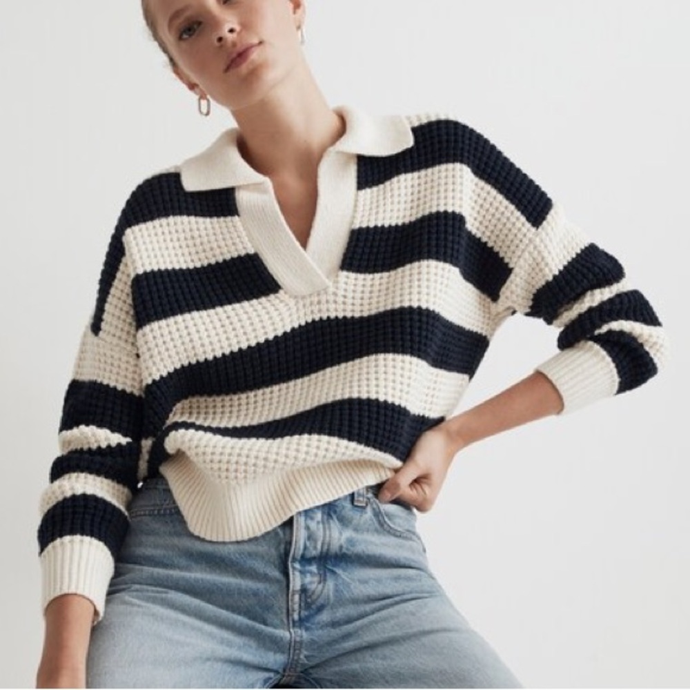 Madewell | Waffle-Knit Henley Sweater Stripe Navy Cream - Size M - Picture 2 of 13